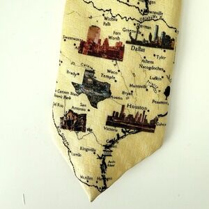 Vintage Texas Tie Butter‎ Yellow Silk Classic Academia Map And Cities Graphic